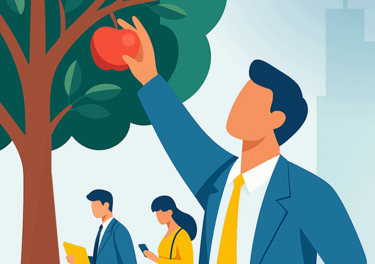 Low Hanging Fruits: executivo pegando maçãs na macieira, em analogia às oportunidades fáceis de se atrair clientes para empresas de serviços B2B.
